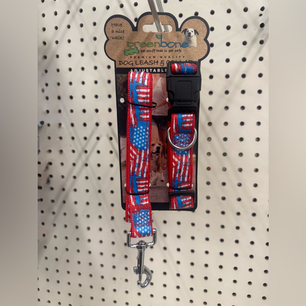 NWT-Greenbone American Flag Dog Leash and Collar Set - Red, White, Blue